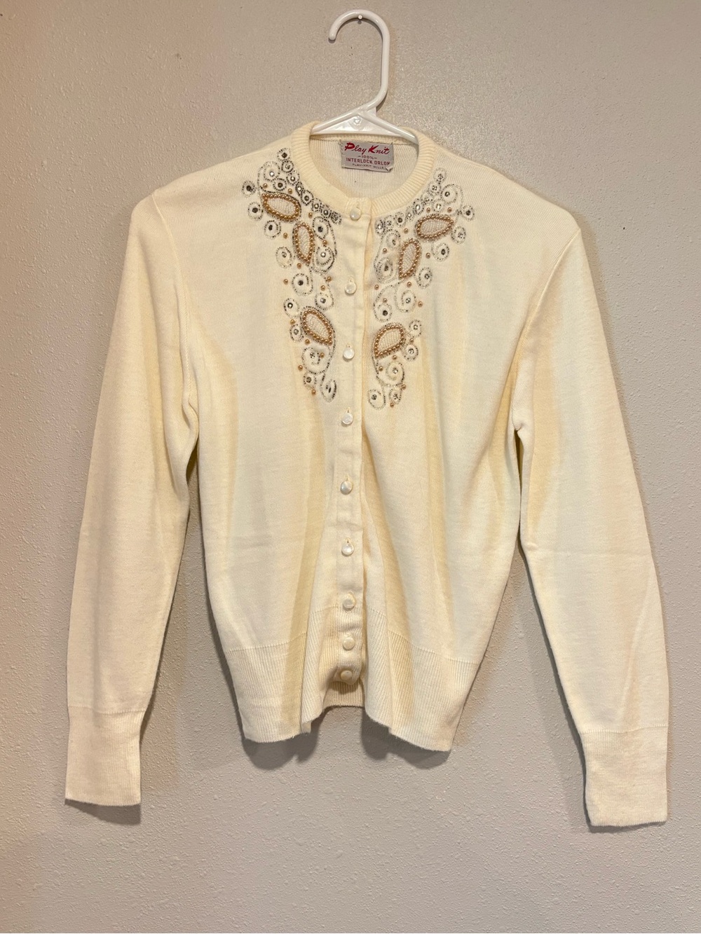 Vintage Play Knit Beaded Pearl Sequin Cardigan Sweater Ivory Glam Retro Size M/L